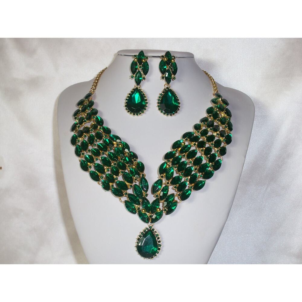Green bib rhinestone necklace set, prom party formal wedding bridal MOB necklace